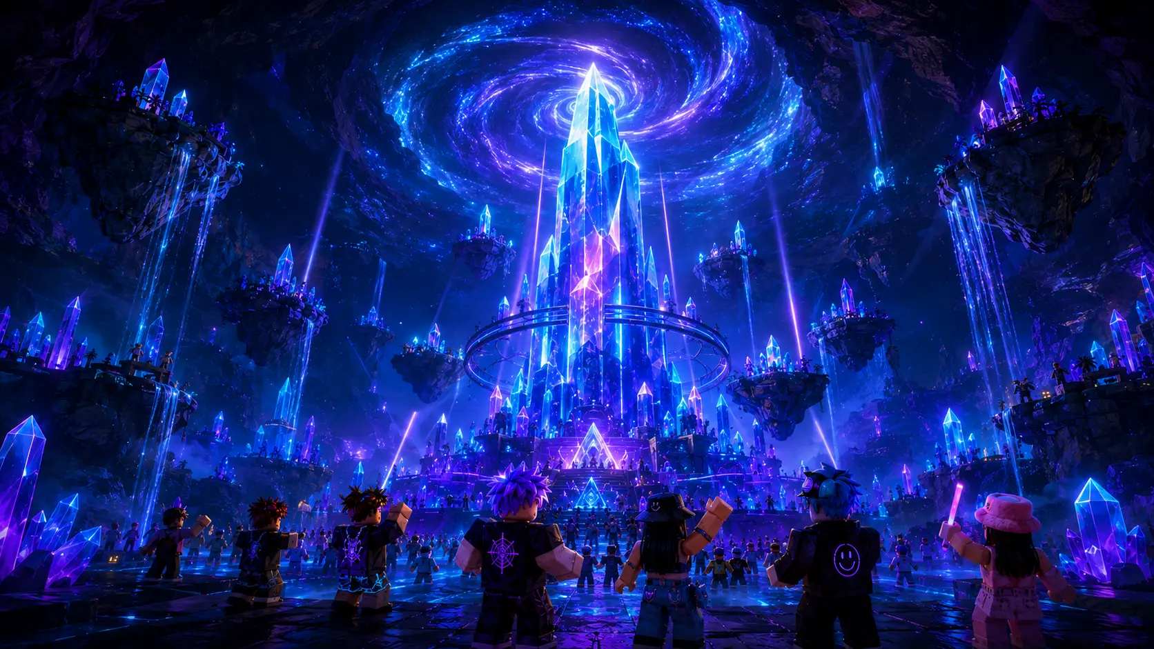 A giant crystal monolith beneath a swirling cosmic vortex