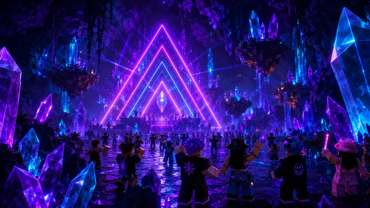 Dancers before a glowing triangular portal in a crystal cavern