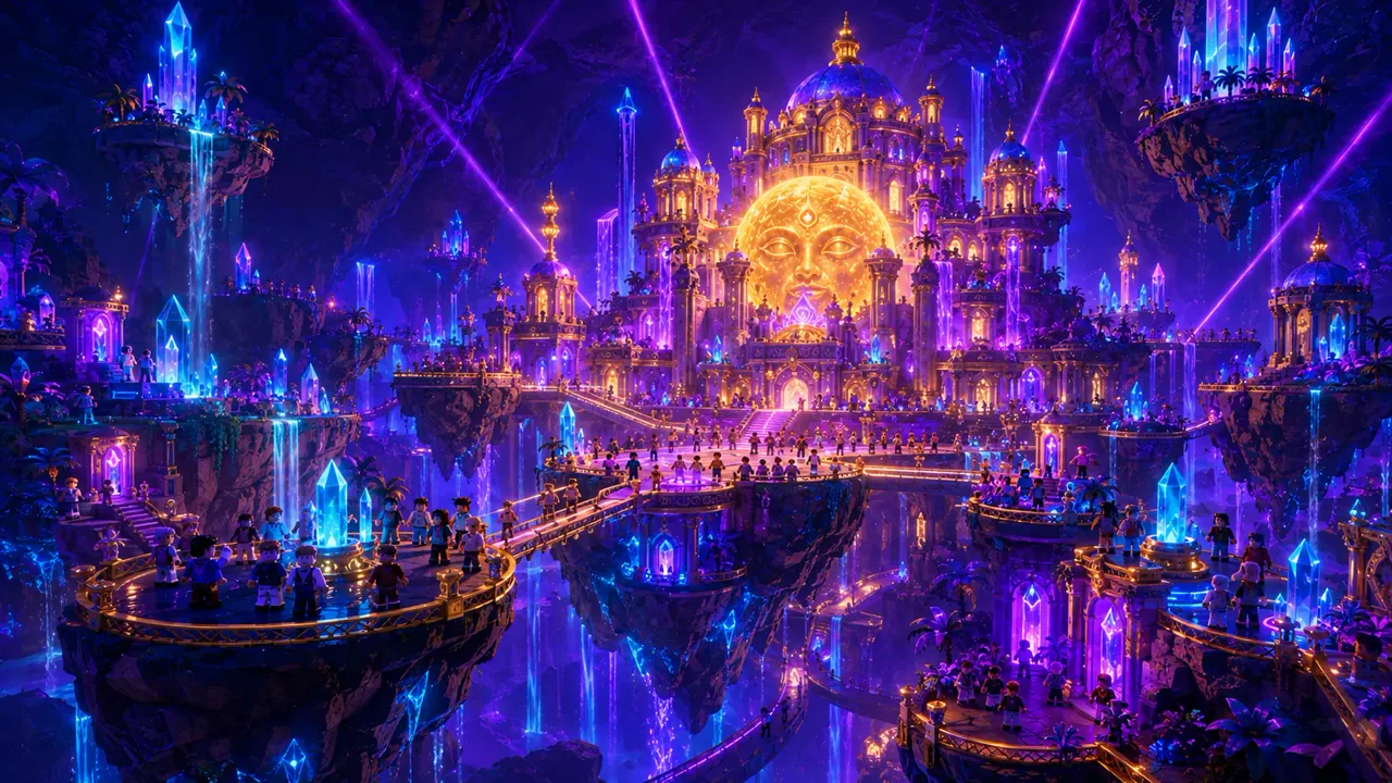 A luminous palace nightclub across floating islands